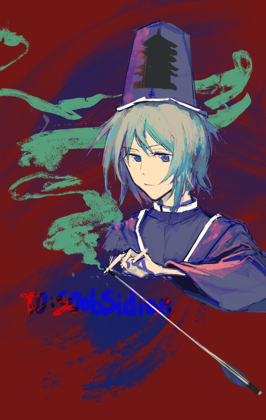 1other, androgynous, blue_eyes, blue_hair, blue_headwear, blue_shirt, chinese_commentary, closed_mouth