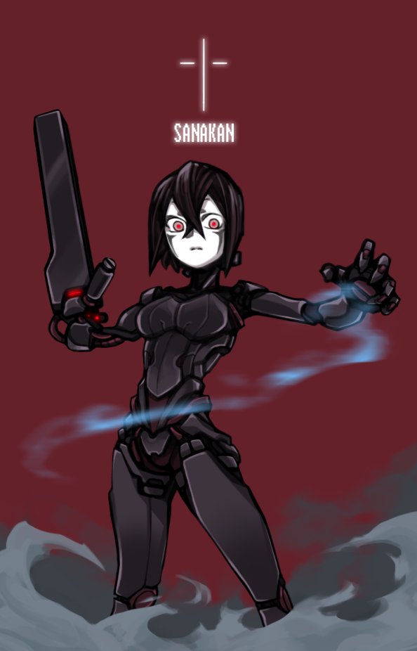1girl, android, arm_cannon, aura, blame!, breasts, cable, character_name