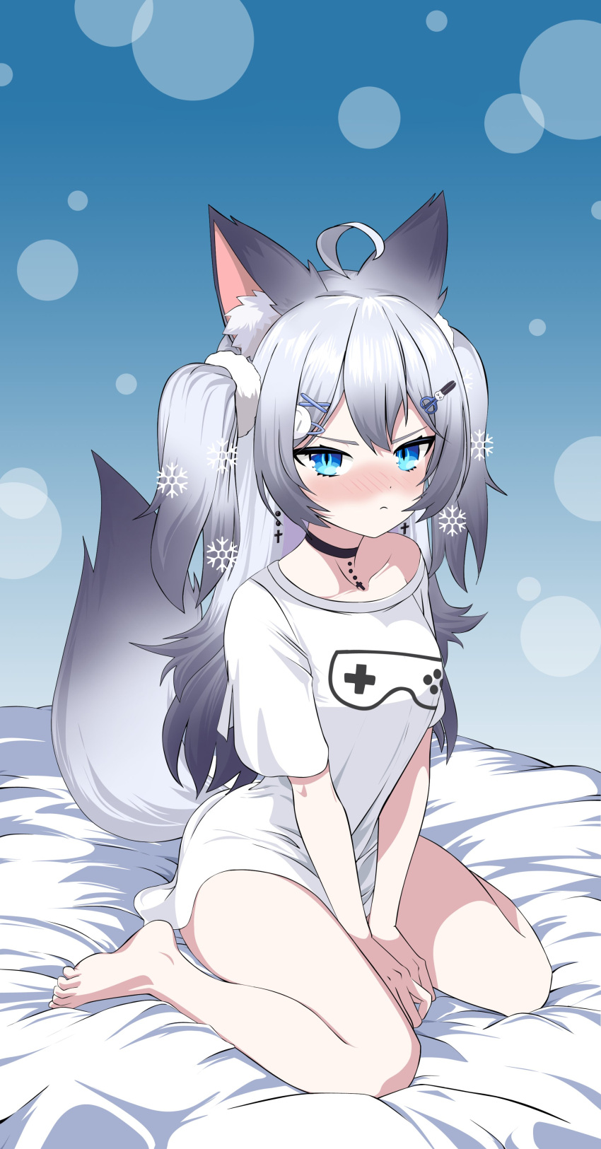 absurdres, ahoge, angry, animal_ear_fluff, animal_ears, barefoot, bed_sheet, between_legs, black_choker, black_hair, blue_background, blue_eyes, blush, choker, collarbone, commentary, cross, cross_earrings, cross_pendant, dog_ears, dog_girl, dog_tail, earrings, frown, fur_hair_tie, game_controller_print, gradient_background, gradient_hair, grey_hair, hair_ornament, hair_tie, hairpin, hand_between_legs, highres, indie_virtual_youtuber, jewelry, legs, long_hair, looking_at_viewer, monsiursandox, multicolored_hair, nose_blush, off_shoulder, on_bed, pendant_choker, scissors_hair_ornament, shirt, sitting, slit_pupils, smiley_hair_ornament, snowflake_hair_ornament, spanish_commentary, tail, thighs, two_side_up, virtual_youtuber, wariza, white_shirt, yukine_olwin