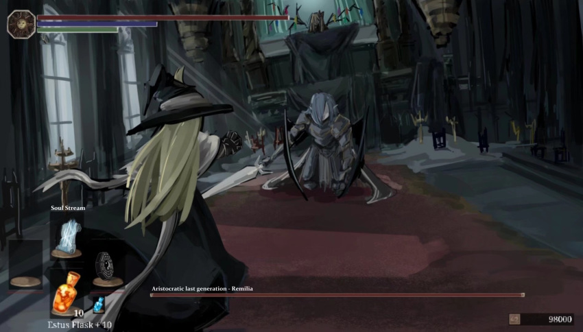 3girls, armor, blonde_hair, blue_hair, chair, cosplay, crystal, dark_souls_(series), dark_souls_iii, dual_wielding, estus_flask, flandre_scarlet, full_armor, gameplay_mechanics, hat, health_bar, highres, holding, holding_sword, holding_weapon, indoors, kirisame_marisa, lorian_(elder_prince), lorian_(elder_prince)_(cosplay), lothric_(younger_prince), lothric_(younger_prince)_(cosplay), mini-hakkero, multicolored_wings, multiple_girls, no_eyes, onionmay, parody, pointy_ears, red_carpet, remilia_scarlet, sword, touhou, weapon, wings, witch_hat, yin_yang, yin_yang_print