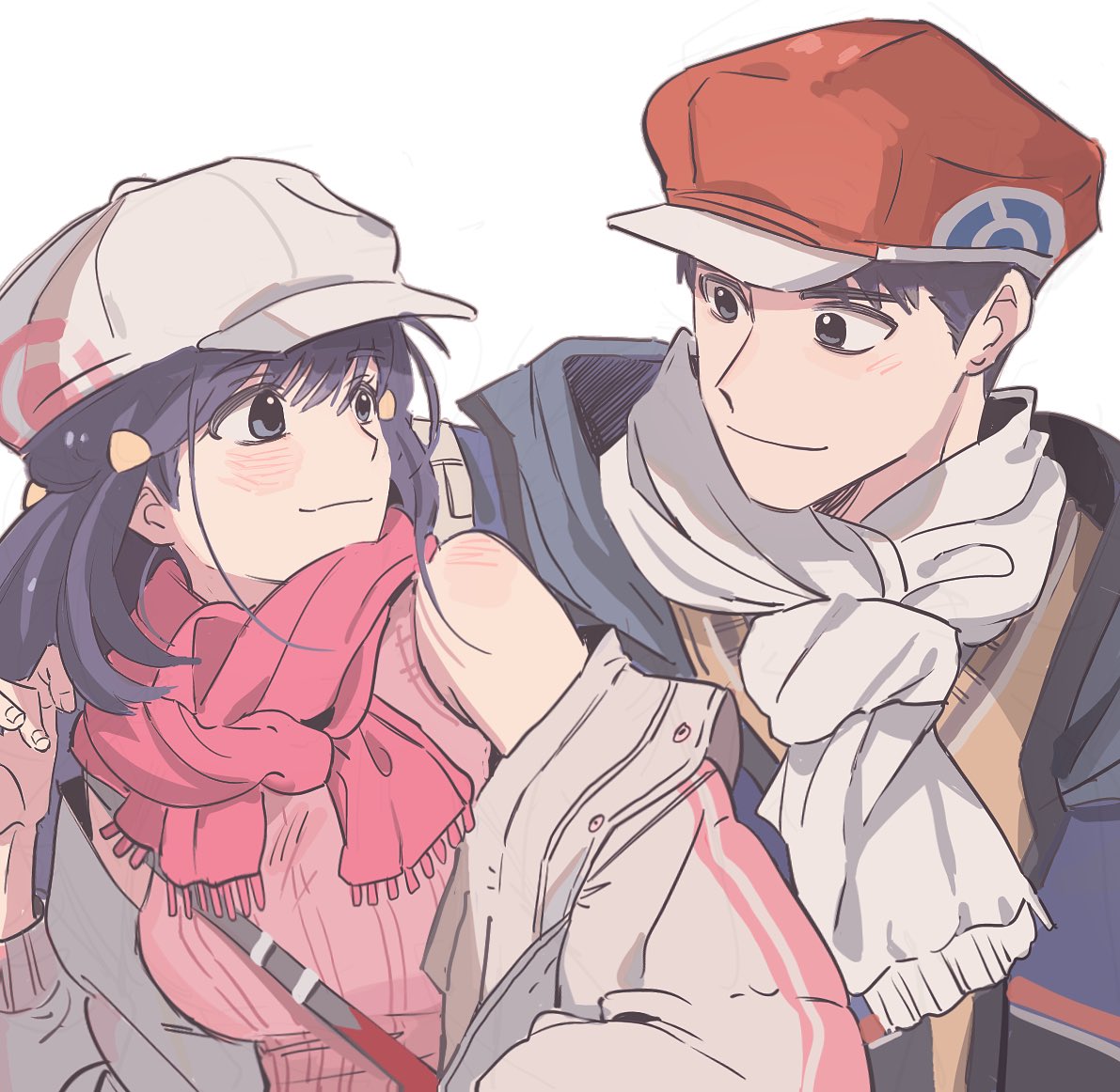 1boy, 1girl, alternate_costume, black_hair, blush, closed_mouth, commentary_request, eye_contact