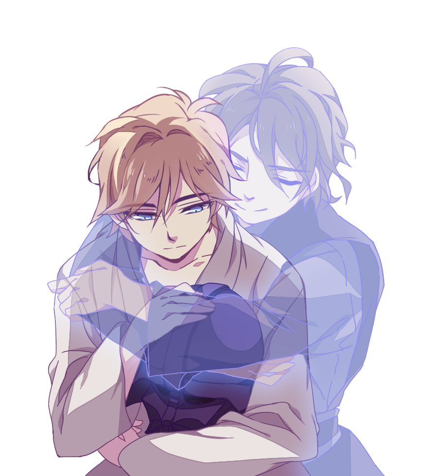 2boys, anakin_skywalker, blonde_hair, brown_hair, closed_eyes, father_and_son, ghost, helmet, hug, hug_from_behind, hugging_object, jju_(nile12634), luke_skywalker, multiple_boys, robe, short_hair, smile, star_wars, star_wars:_return_of_the_jedi