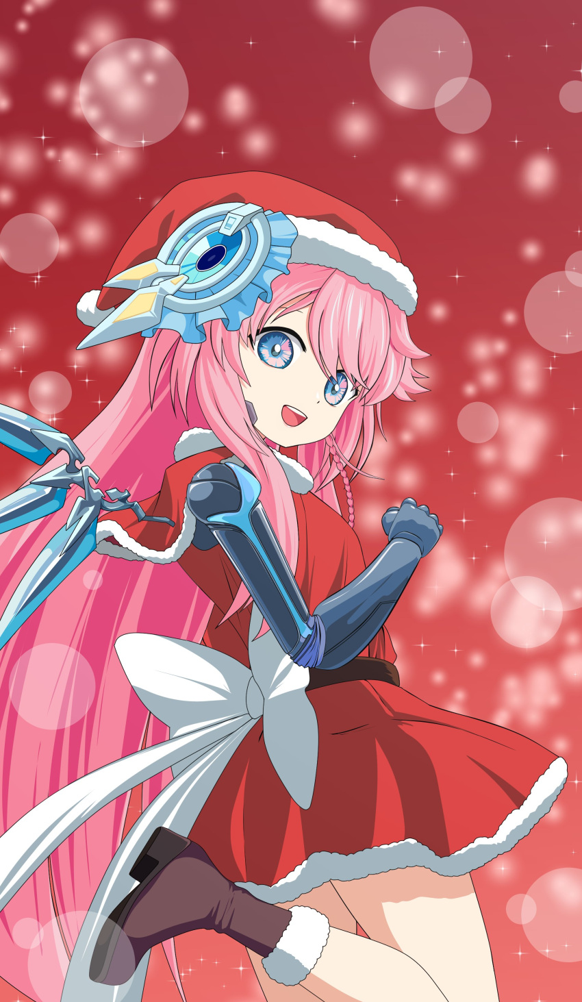 1girl, :d, absurdres, alternate_costume, arisu_gamu, back_bow, birthday, blue_eyes, blurry, bokeh, boots, bow, braid, brown_footwear, capelet, christmas, commentary, depth_of_field, dress, foot_up, fur-trimmed_boots, fur-trimmed_capelet, fur-trimmed_dress, fur-trimmed_headwear, fur_trim, hat, headgear, highres, indie_virtual_youtuber, long_hair, looking_at_viewer, looking_to_the_side, mechanical_arms, mechanical_wings, monsiursandox, open_mouth, pink_hair, red_background, red_capelet, red_dress, red_headwear, santa_costume, santa_dress, santa_hat, single_braid, single_mechanical_arm, single_wing, sleeveless, sleeveless_dress, smile, solo, spanish_commentary, sparkle_background, very_long_hair, virtual_youtuber, white_bow, wings