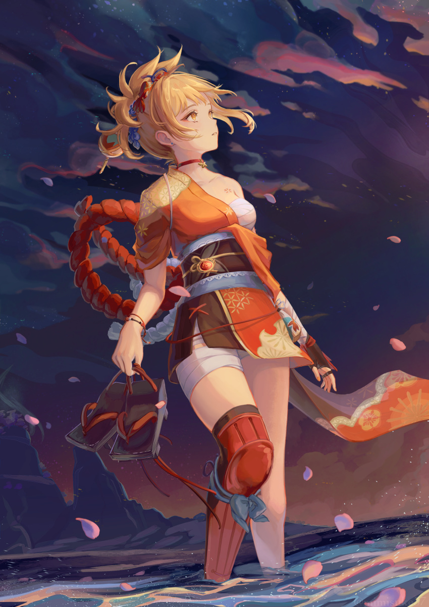 1girl, absurdres, bandaged_leg, bandages, black_sash, blonde_hair, breasts, chest_sarashi