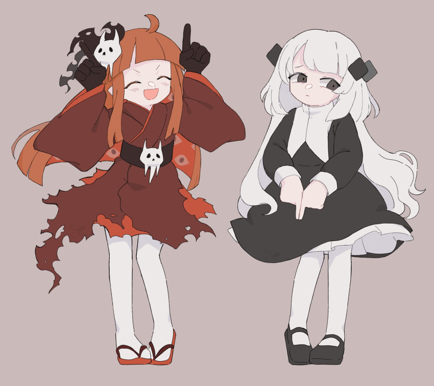 2girls, bat_hair_ornament, black_dress, black_eyes, black_footwear, closed_eyes, closed_mouth, crystal_hair_ornament, dress, funamusea, gloves, grey_background, grey_eyes, hair_ornament, highres, index_fingers_raised, internet_yamero, japanese_clothes, kimono, long_hair, long_sleeves, looking_to_the_side, multiple_girls, needy_girl_overdose, open_mouth, orange_footwear, orange_hair, pointing, pointing_down, pointing_up, saljerjelly, sandals, shy, silhouette_(funamusea), simple_background, skull, skull_(funamusea), skull_hair_ornament, swept_bangs, thigh-highs, torn_clothes, torn_kimono, white_hair, white_thighhighs, wide_sleeves