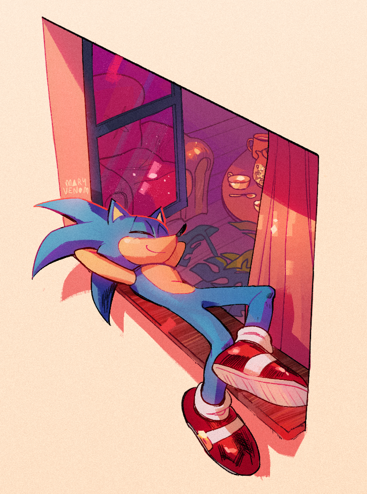 1boy, animal_ears, animal_nose, arms_behind_head, artist_name, closed_eyes, closed_mouth, commentary, curtains, english_commentary, full_body, furry, furry_male, gloves, lying, male_focus, mary-venom, on_back, red_footwear, shoes, sleeping, smile, solo, sonic_(series), sonic_the_hedgehog, table, white_gloves, window, windowsill