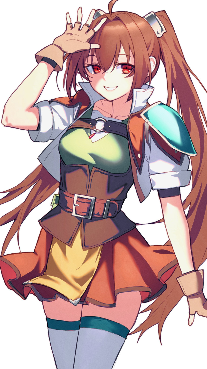 absurdres, ahoge, antenna_hair, armor, brown_gloves, cropped_jacket, double-parted_bangs, eiyuu_densetsu, estelle_bright, fingerless_gloves, gloves, hair_between_eyes, highres, looking_at_viewer, madou_zakura, pauldrons, red_eyes, shoulder_armor, simple_background, single_pauldron, skirt, smile, sora_no_kiseki, thigh-highs, twintails, white_background