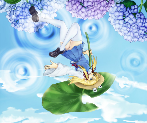 blonde_hair, blue_eyes, enmatime, flower, hat, hydrangea, leaf_umbrella, lowres