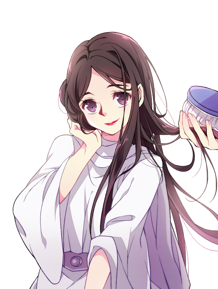 1girl, black_eyes, brown_hair, brushing_another's_hair, brushing_hair, hair_brush, hair_bun, holding