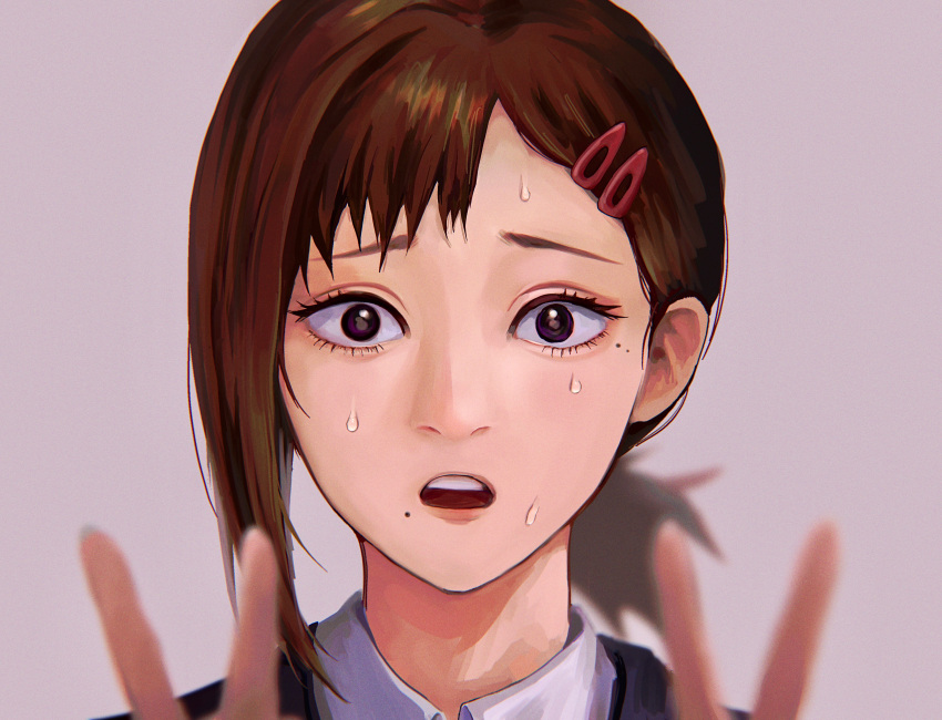 1girl, absurdres, asaki_illust, blurry, blurry_foreground, brown_eyes, brown_hair, chainsaw_man