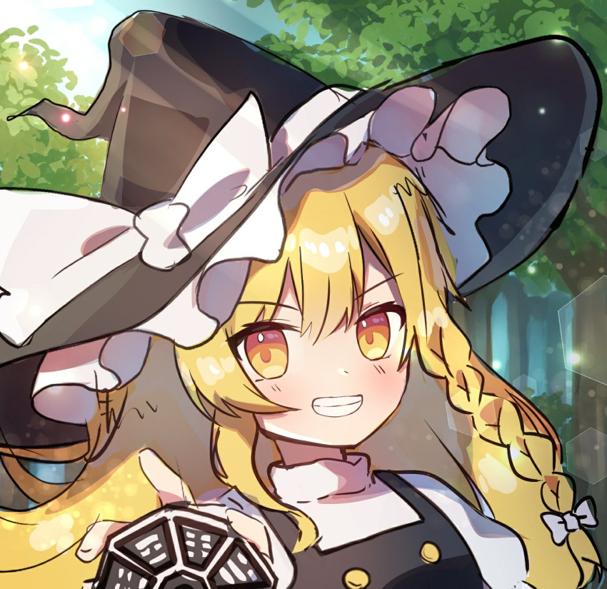 1girl, black_headwear, black_vest, blonde_hair, bow, braid, day, frilled_hat