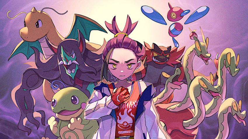 1boy, black_hair, dragonite, gloves, grimmsnarl, hair_between_eyes, highres, holding, holding_poke_ball, hydrapple, incineroar, jacket, kieran_(pokemon), long_sleeves, male_focus, mole, mole_on_neck, morisuguri, multicolored_hair, open_clothes, open_jacket, partially_fingerless_gloves, poke_ball, pokemon, pokemon_(creature), pokemon_sv, politoed, porygon-z, purple_hair, red_gloves, red_tank_top, tank_top, white_jacket, yellow_eyes