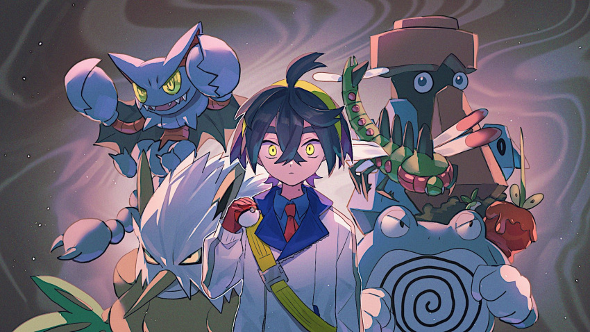 1boy, black_hair, blue_skirt, closed_mouth, collared_shirt, dipplin, fangs, gliscor, gloves, hair_between_eyes, highres, holding, holding_poke_ball, jacket, kieran_(pokemon), long_sleeves, looking_at_viewer, male_focus, mole, mole_on_neck, morisuguri, multicolored_hair, necktie, poke_ball, pokemon, pokemon_(creature), pokemon_sv, poliwrath, probopass, purple_hair, red_gloves, red_necktie, shiftry, shirt, skirt, white_jacket, yanmega, yellow_eyes