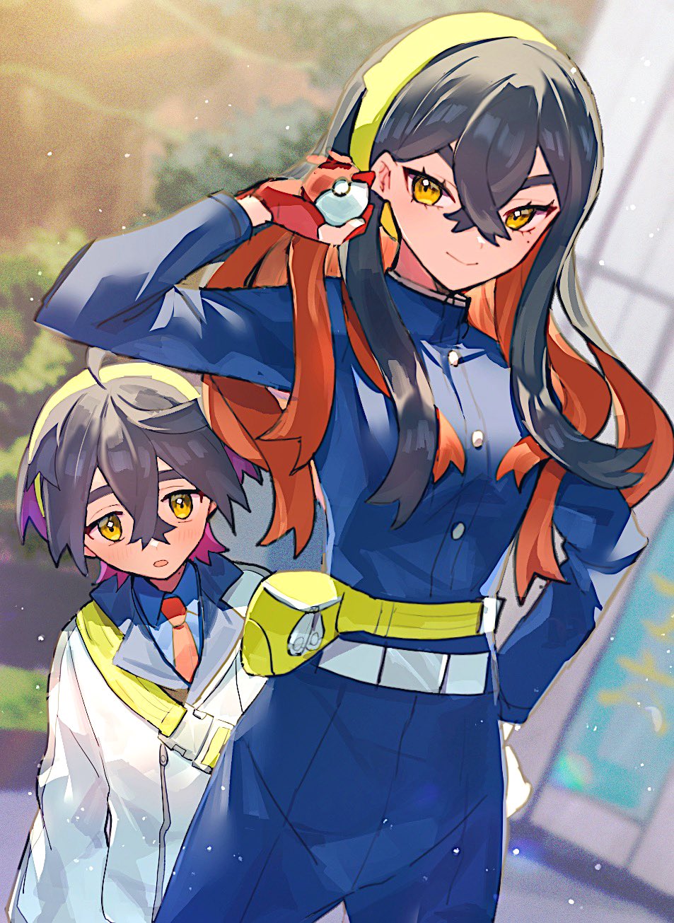 1boy, 1girl, bag, black_hair, blueberry_academy_school_uniform, blush, brother_and_sister, carmine_(pokemon)