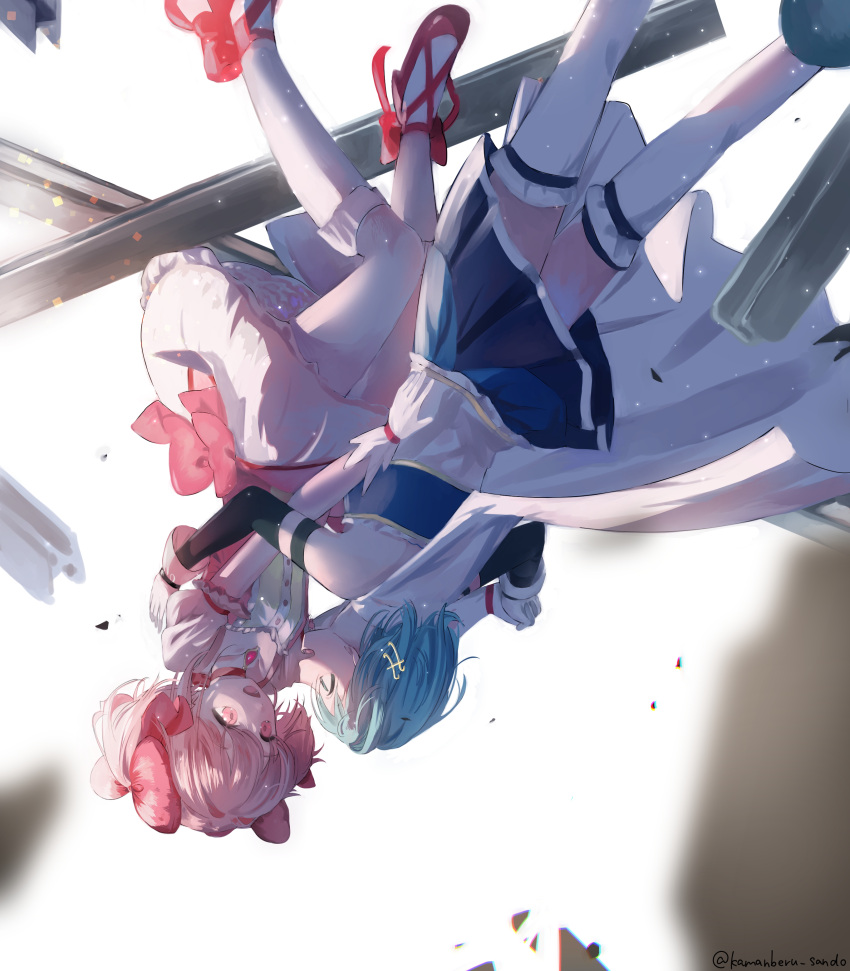 2girls, absurdres, ankle_ribbon, ankle_strap, ashes, backlighting, bare_shoulders, blue_eyes