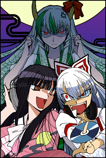 angry, black_hair, cd, contemporary, ex-keine, fujiwara_no_mokou, full_moon, green_hair, headphones, horns, houraisan_kaguya, ishikawa_yuga, kamishirasawa_keine, long_hair, moon, multiple_girls, open_mouth, red_eyes, ribbon, touhou, white_hair