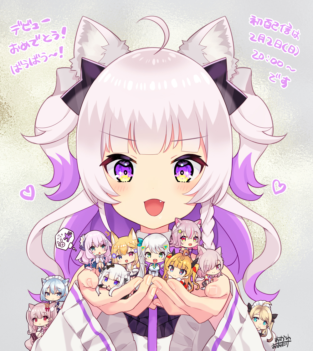 2boys, 6+girls, :d, ahoge, animal_ear_fluff, animal_ears, black_bow, blonde_hair