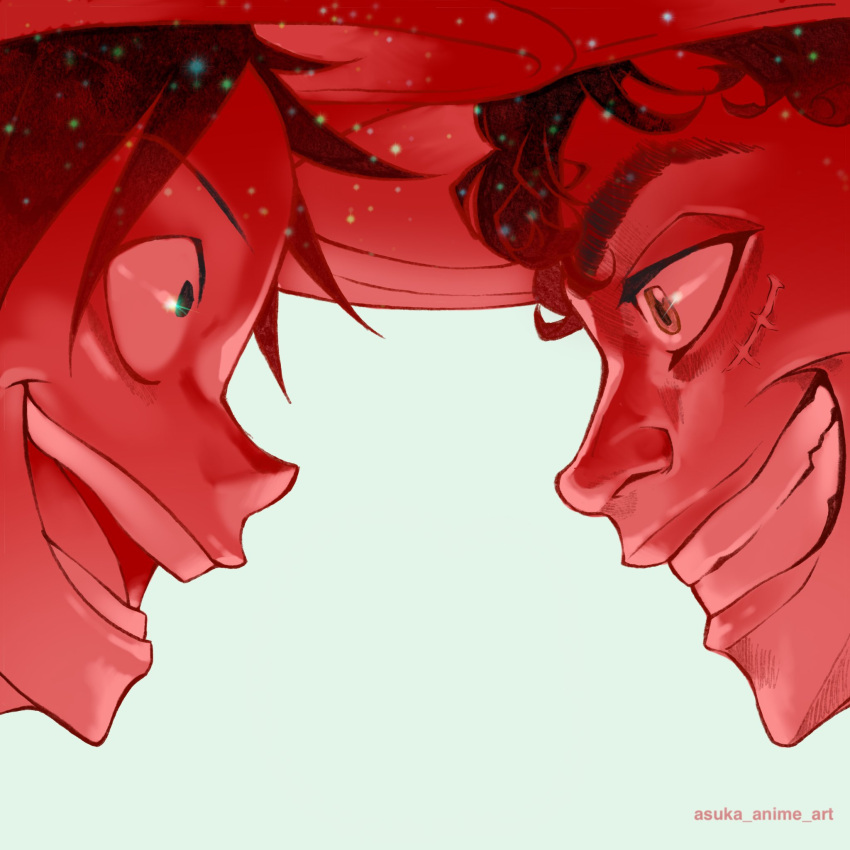 2boys, artist_name, asuka_young, black_eyes, black_hair, clenched_teeth, commentary, dual_persona