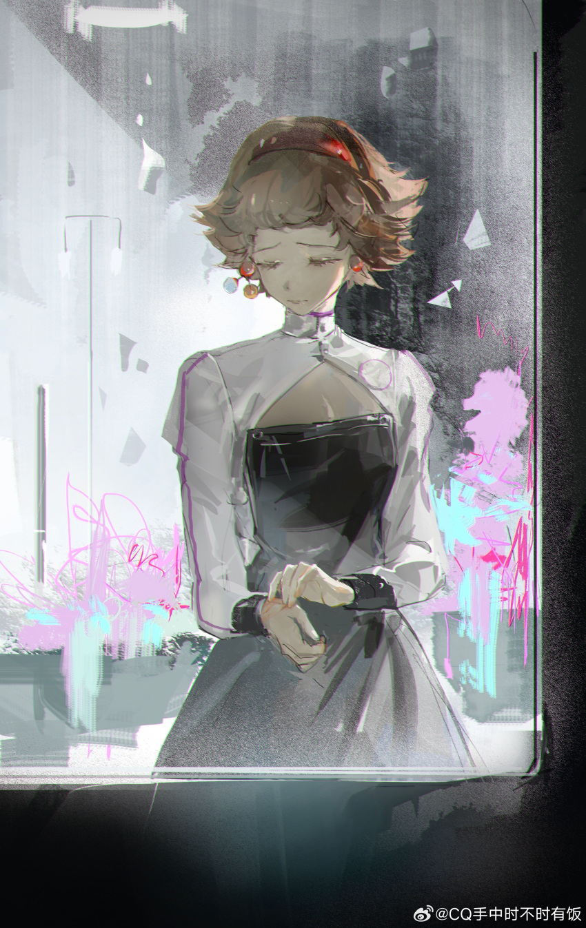 1girl, absurdres, adjusting_sleeves, black_dress, brown_hair, cleavage_cutout, closed_eyes, closed_mouth