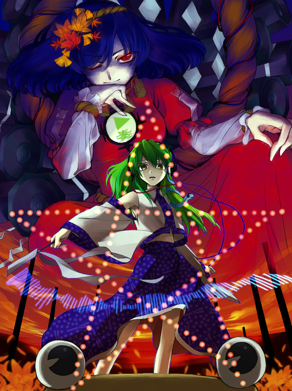 detached_sleeves, frog, green_hair, hair_ornament, ishikawa_yuga, kochiya_sanae, long_hair, long_skirt
