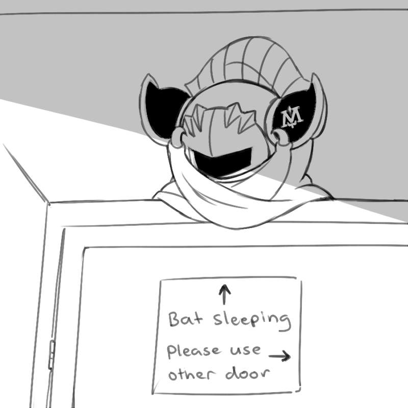 1boy, armor, arrow_(symbol), door, greyscale, kirby_(series), knightcall, male_focus, mask, meta_knight, monochrome, no_humans, pauldrons, shoulder_armor, sign, sleeping, solo