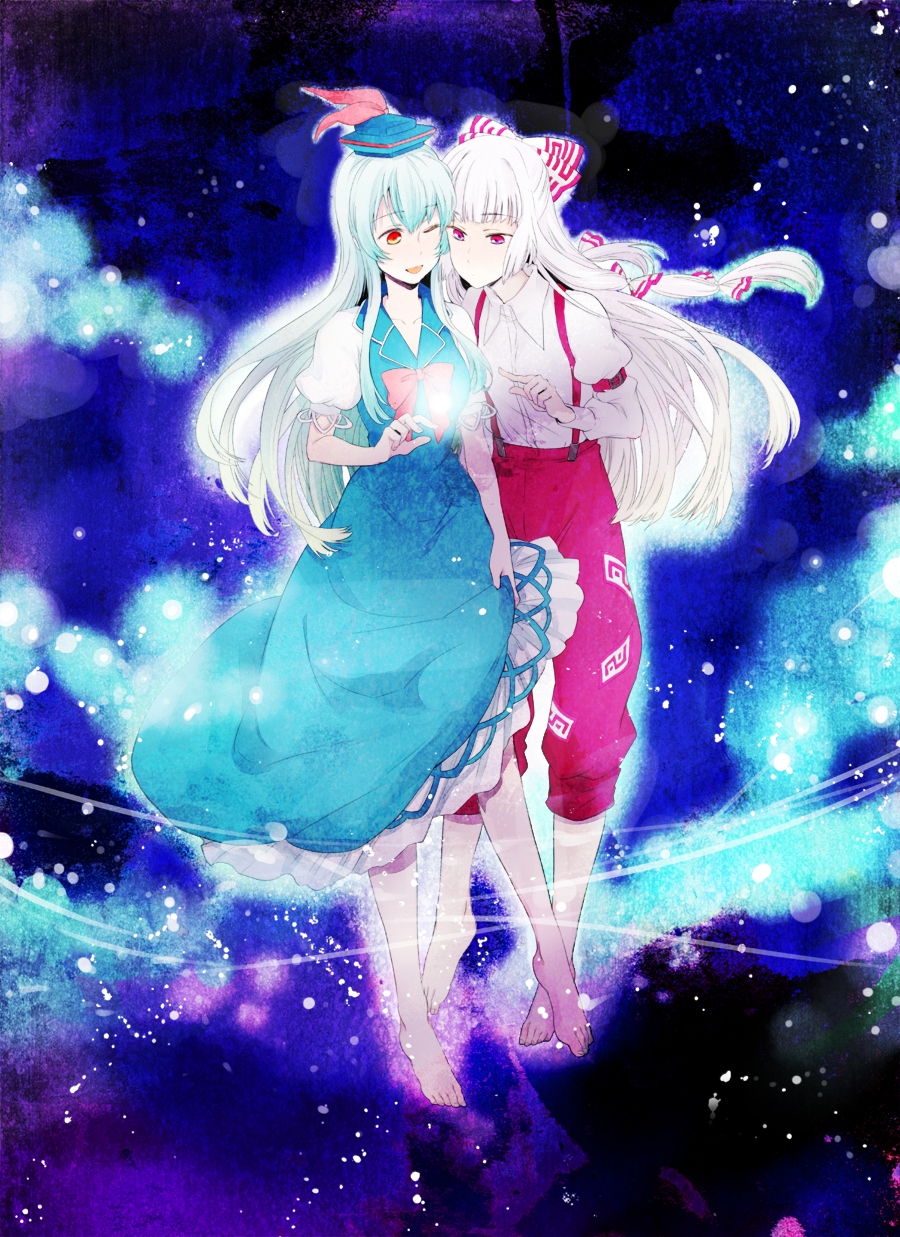 barefoot, dress, friends, fujiwara_no_mokou, hair_ribbon, hat, highres, kamishirasawa_keine