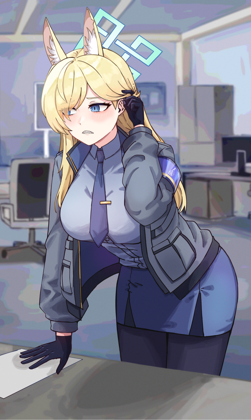 1girl, absurdres, animal_ear_fluff, animal_ears, black_gloves, black_pantyhose, blonde_hair, blue_archive, blue_eyes, blue_halo, blue_necktie, blue_shirt, blue_skirt, blush, breasts, collared_shirt, gloves, grey_jacket, halo, highres, indoors, jacket, kanna_(blue_archive), large_breasts, long_hair, long_sleeves, necktie, open_clothes, open_jacket, pantyhose, seasand5579, shirt, skirt, solo