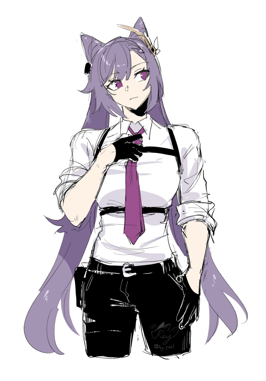 1girl, absurdres, adjusting_clothes, adjusting_necktie, black_gloves, black_pants, chest_harness, closed_mouth