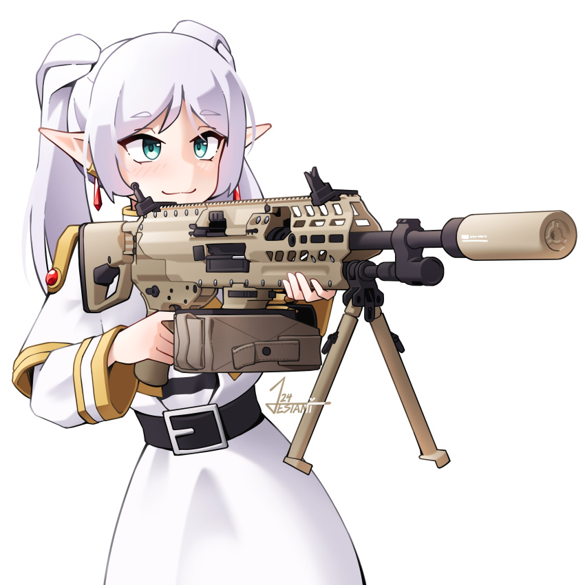 1girl, absurdres, aqua_eyes, belt, bipod, black_belt, capelet, closed_mouth, dress, earrings, elf, english_commentary, frieren, gold_trim, gun, highres, holding, holding_gun, holding_weapon, jestami, jewelry, light_blush, long_hair, looking_at_viewer, machine_gun, pointy_ears, sig_mg338, signature, simple_background, smile, solo, sousou_no_frieren, suppressor, twintails, weapon, white_background, white_capelet, white_dress