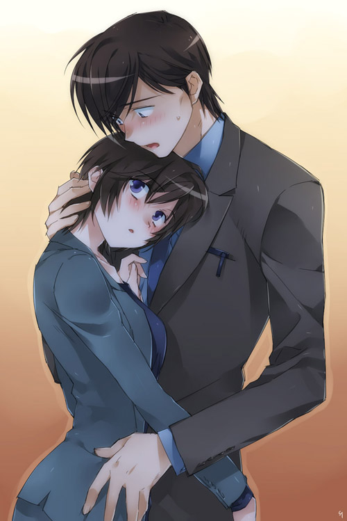 1girl, bad_id, blue_eyes, couple, detective_conan, formal, hug, sato_miwako, satou_miwako, short_hair, skirt_suit, suit, takagi_wataru, toujou_sakana