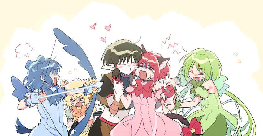 >_<, 1boy, 4girls, aizawa_mint, animal_ears, arm_grab, blonde_hair, blue_hair