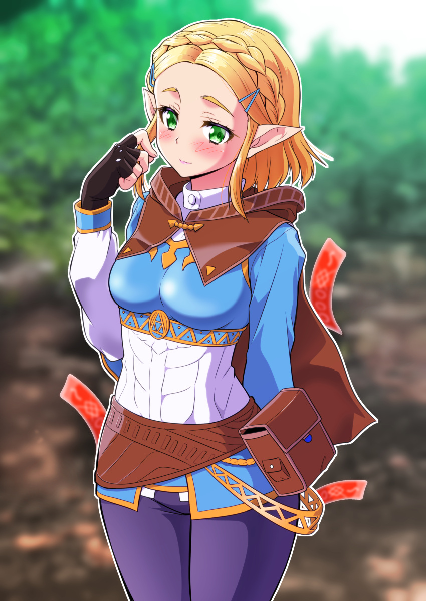 1girl, absurdres, belt, belt_pouch, black_gloves, black_leggings, blonde_hair, blush