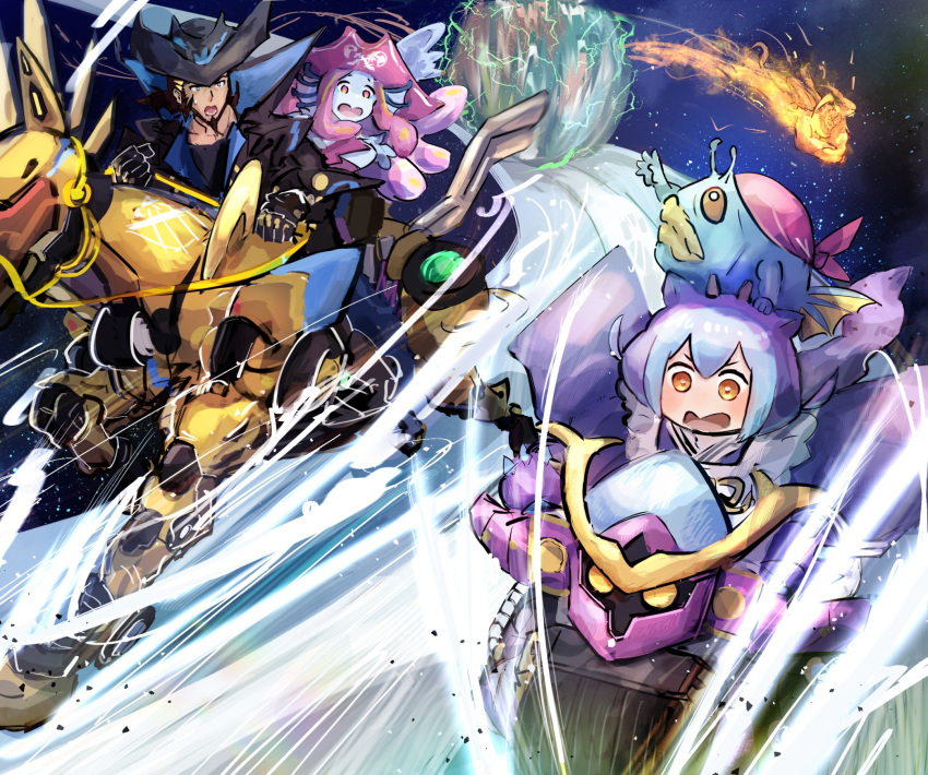 2boys, 2girls, blue_skin, colored_skin, cowboy_hat, dragon_girl, duel_monster, fish_boy, fish_girl, gold_pride_-_captain_carrie, gold_pride_-_leon, gold_pride_-_nytro_blaster, gold_pride_-_pin_baller, hat, hatano_kiyoshi, highres, horseback_riding, laundry_dragonmaid, looking_at_another, motor_vehicle, motorcycle, multiple_boys, multiple_girls, non-humanoid_robot, pirate_hat, racing, riding, robot, robot_animal, superheavy_samurai_motorbike, surprised, yu-gi-oh!