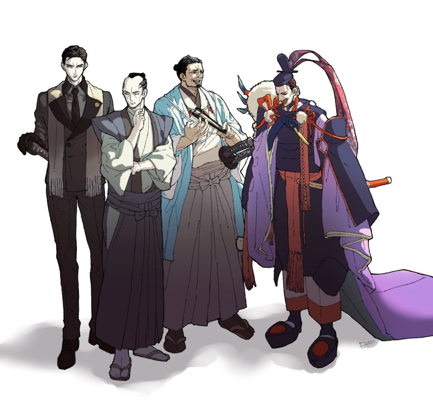 4boys, black_gloves, black_hair, black_jacket, black_pants, brown_hair, buzz_cut, collared_shirt