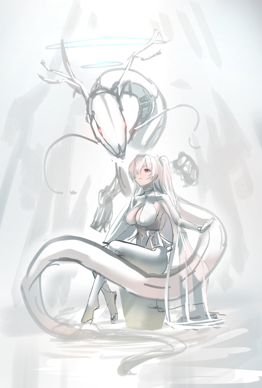1girl, absurdres, bodysuit, breasts, cinderella_(nikke), cleavage_cutout, clothing_cutout, dragon