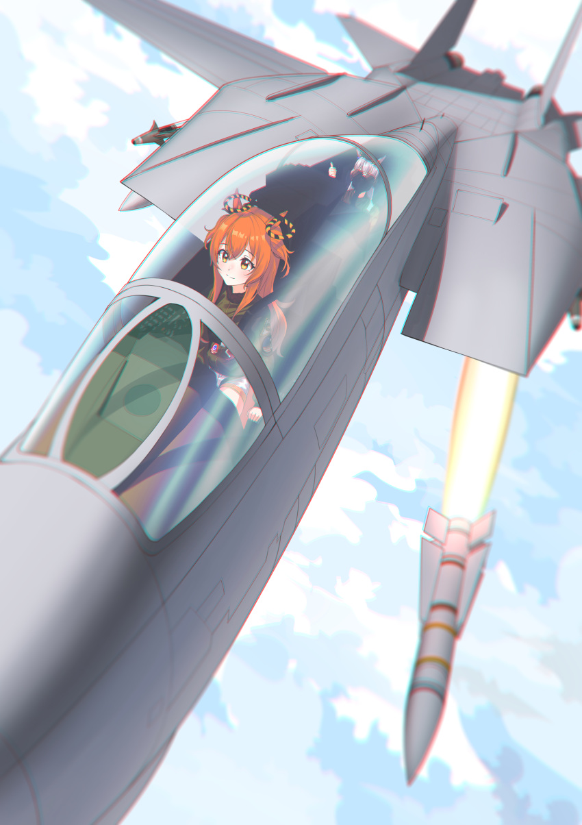 2girls, absurdres, aim-54_phoenix, aim-9_sidewinder, aircraft, airplane, animal_ears, clouds, f-14_tomcat, fighter_jet, gold_ship_(umamusume), green_jacket, hair_between_eyes, highres, horse_ears, horse_girl, jacket, jet, long_hair, long_sleeves, mask, mayano_top_gun_(umamusume), military, military_vehicle, missile, multiple_girls, orange_eyes, orange_hair, orange_tail, short_shorts, shorts, sitting, skimun, sky, smile, sunglasses, thumbs_up, top_gun, two_side_up, umamusume, white_shorts