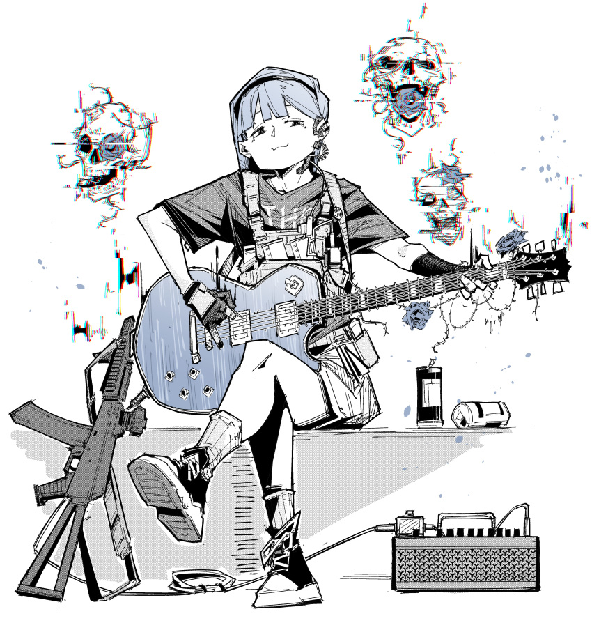 1girl, :3, absurdres, assault_rifle, crossed_legs, dated_commentary, electric_guitar, gloves