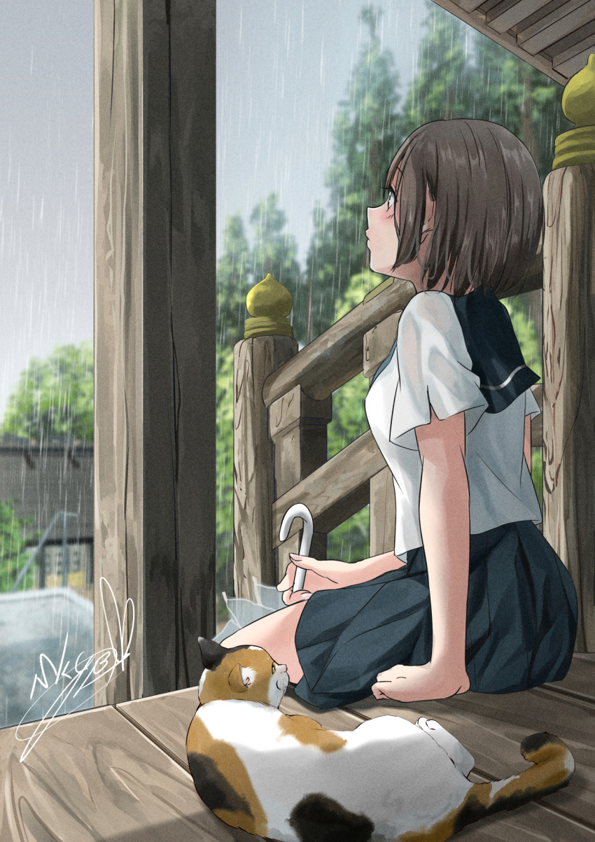 1girl, black_sailor_collar, black_skirt, blurry, blurry_background, breasts, brown_eyes, brown_hair