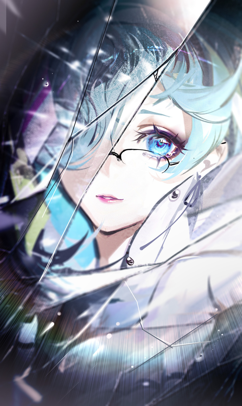1girl, absurdres, aqua_hair, black-framed_eyewear, blue_eyes, broken_glass, chinese_commentary, commentary, eyeshadow, glass, glasses, hair_over_one_eye, highres, kong_tiao_bo_zi, labyrinth_(path_to_nowhere), lens_flare, lips, looking_at_viewer, looking_to_the_side, makeup, one_eye_covered, parted_lips, path_to_nowhere, portrait, purple_eyeshadow, round_eyewear, semi-rimless_eyewear, solo, teardrop, tearing_up, through_medium