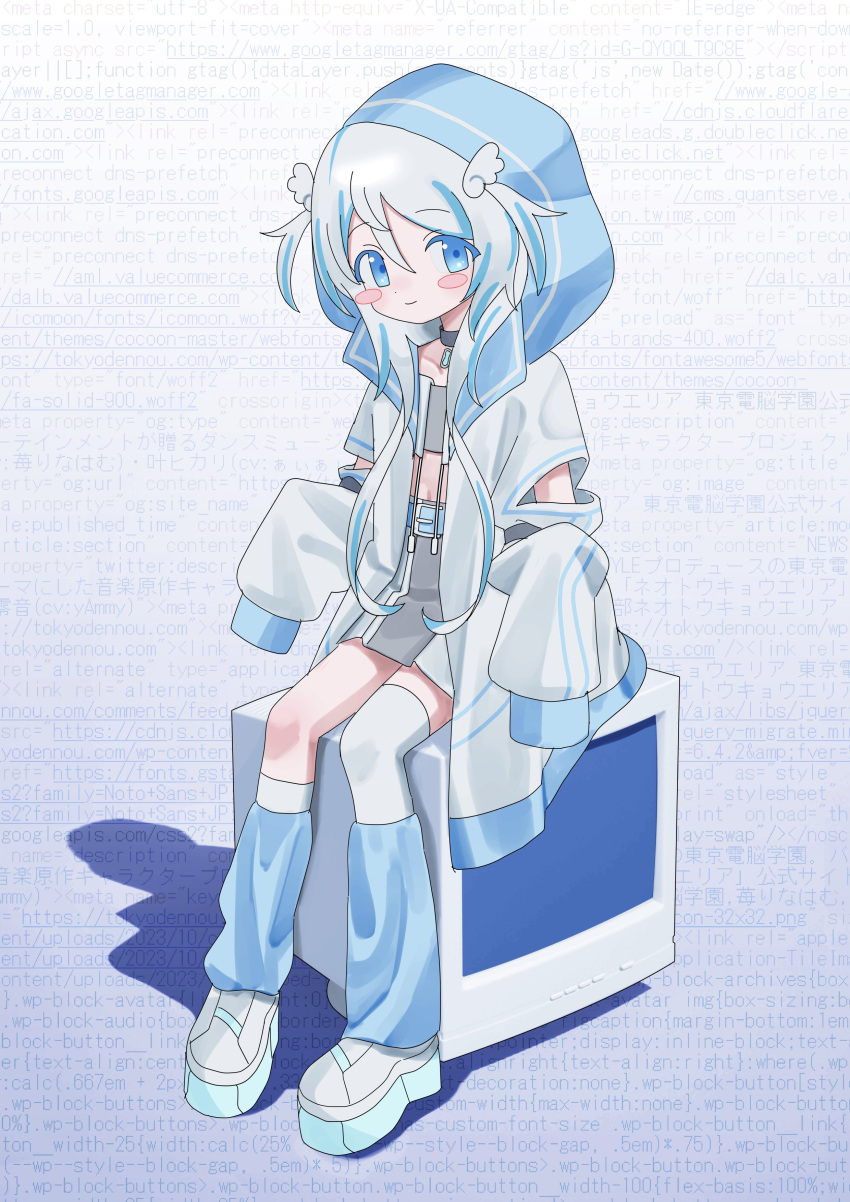 1girl, absurdres, asymmetrical_legwear, black_choker, blue_eyes, blue_hair, blue_theme, blush_stickers