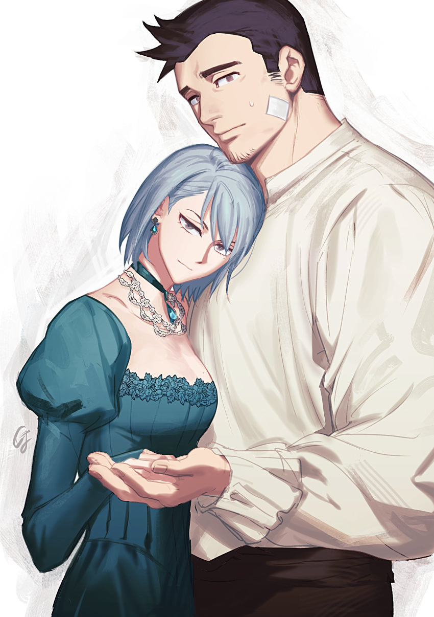 1boy, 1girl, absurdres, ace_attorney, bandage_on_face, bandages, beard, black_eyes, black_hair, black_pants, blue_choker, blue_dress, blue_hair, choker, closed_mouth, couple, cowboy_shot, dick_gumshoe, dress, earrings, facial_hair, franziska_von_karma, gwiga0, hetero, highres, holding_hands, jewelry, juliet_sleeves, long_sleeves, looking_at_viewer, mole, mole_under_eye, necklace, pants, puffy_sleeves, shirt, short_hair, standing, sweatdrop, white_background, white_shirt