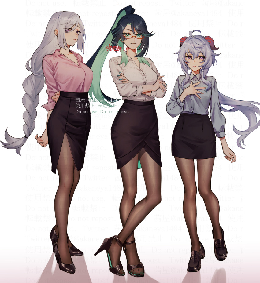 3girls, ahoge, alternate_costume, aqua_eyes, arms_behind_back, black_footwear, black_hair, black_skirt