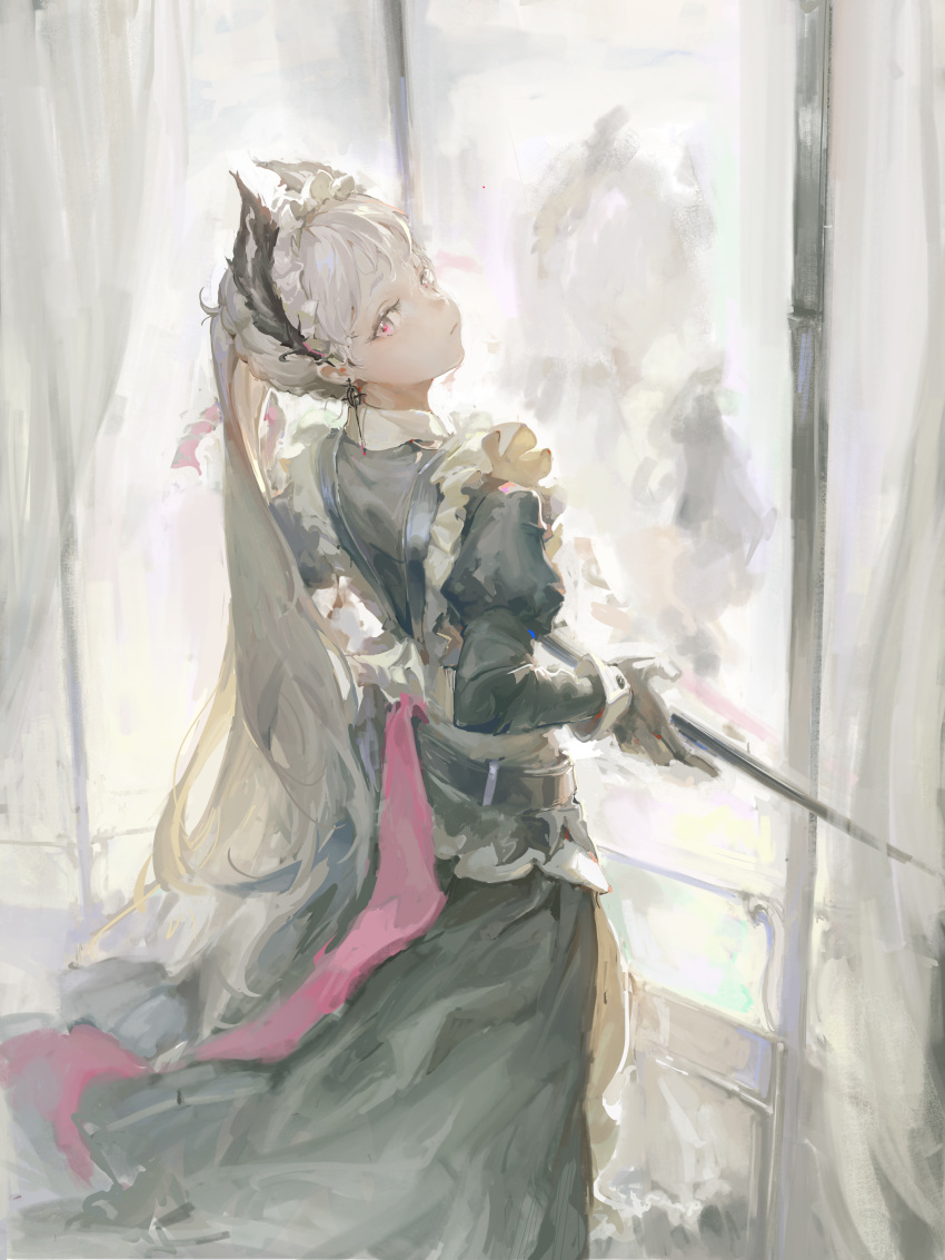 1girl, absurdres, apron, arknights, black_dress, black_gloves, closed_mouth, commentary