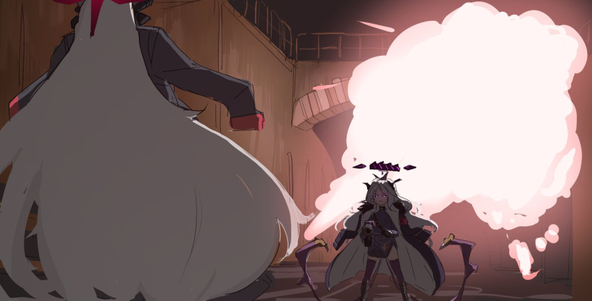 2girls, ahoge, armband, clich51368861, coat, cross, demon_horns, explosion