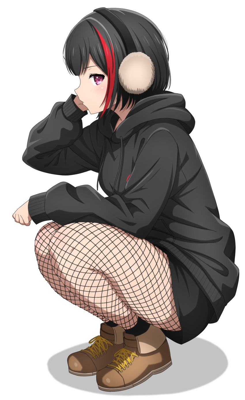 1girl, absurdres, arm_on_thigh, bang_dream!, black_hair, black_hoodie, black_pantyhose, black_shorts