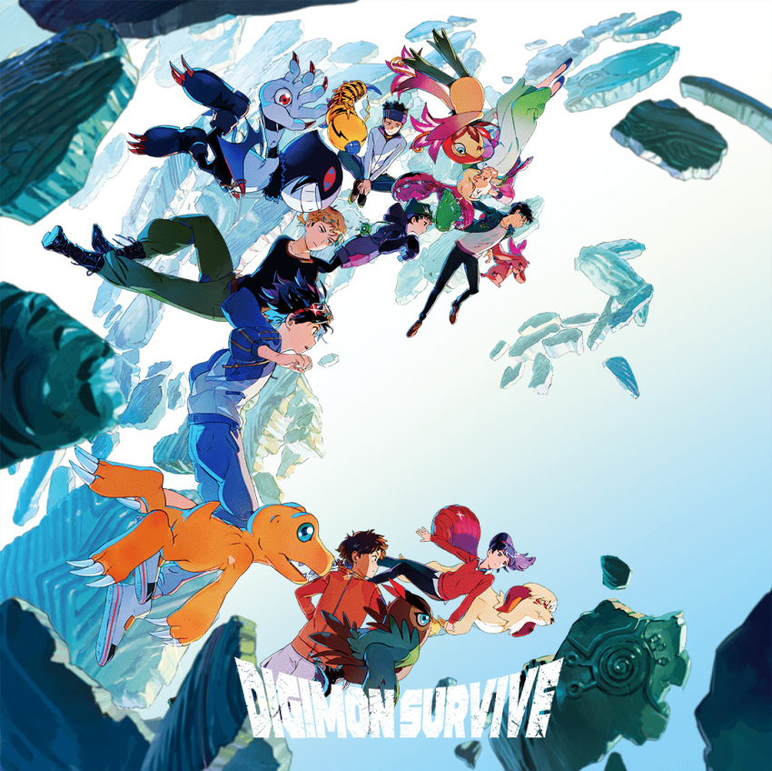 agumon, bird, blue_sky, bug, digimon, digimon_survive, dog, dracumon, falcomon, floramon, flower, hinata_minoru, kayama_shuuji, kimishima_saki, kunemon, labramon, lopmon, mask, momotsuka_takuma, multiple_girls, official_art, rabbit, shakomon, sharp_teeth, shibuya_aoi, shinonome_kaito, shinonome_miu, sky, teeth, tominaga_ryo