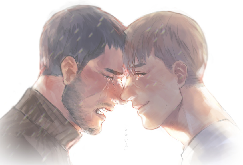 2boys, black_hair, black_shirt, brown_hair, chris_redfield, closed_eyes, closed_mouth, crying, facial_hair, gge_(gebback_dark), looking_at_another, male_focus, multiple_boys, open_mouth, piers_nivans, resident_evil, resident_evil_6, sad, scar, scar_on_face, shirt, short_hair, simple_background, streaming_tears, tears, white_background, white_shirt