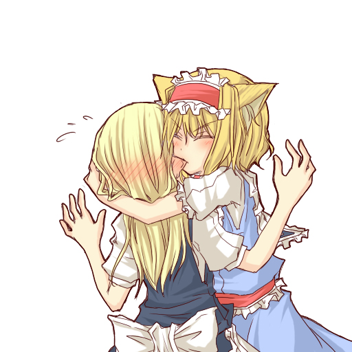 alice_margatroid, animal_ears, biting, blush, cat_ears, closed_eyes, ear_biting, hug