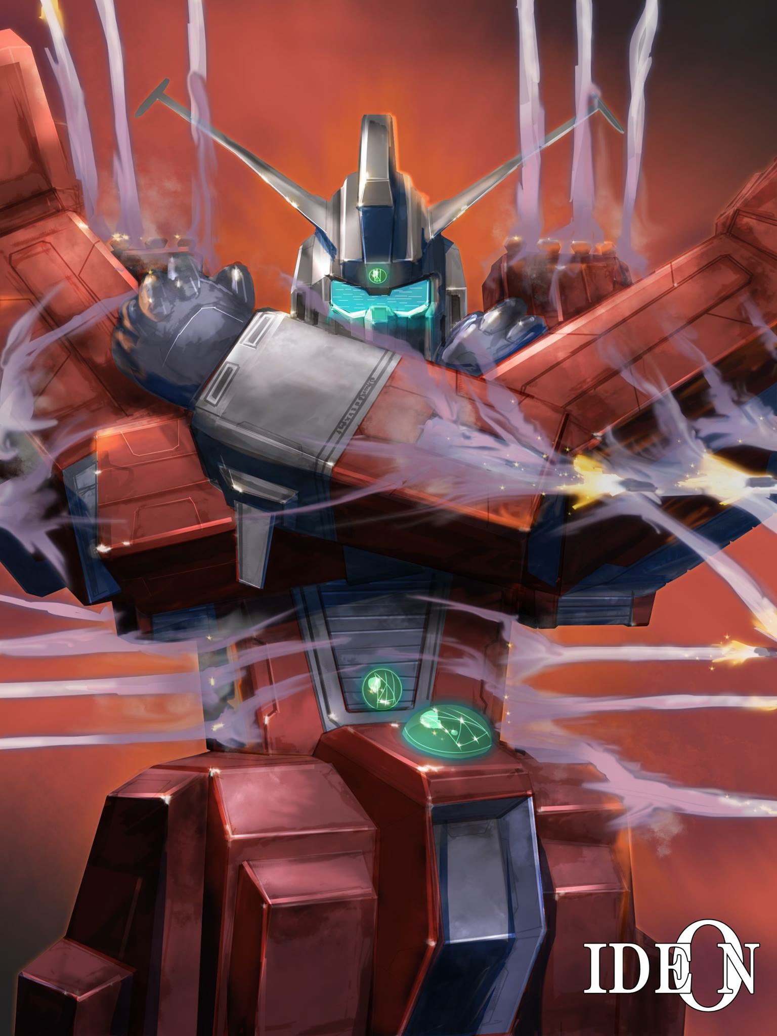 assault_visor, clenched_hands, commentary_request, copyright_name, densetsu_kyojin_ideon, firing, hands_up, highres