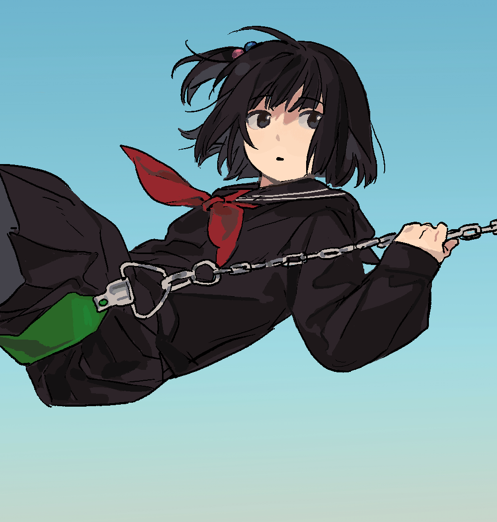 1girl, black_eyes, black_hair, black_serafuku, black_shirt, black_skirt, blue_background, closed_mouth, cowboy_shot, cowlick, expressionless, gradient_background, hand_up, liquidnitroo, long_sleeves, looking_to_the_side, neckerchief, one_side_up, original, pleated_skirt, red_neckerchief, school_uniform, serafuku, shirt, short_hair, skirt, solo, straight-on, swinging